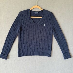 Chaps cable knit Dark Blue Cotton Sweater‎ v-neck long sleeve Large preppy y2k